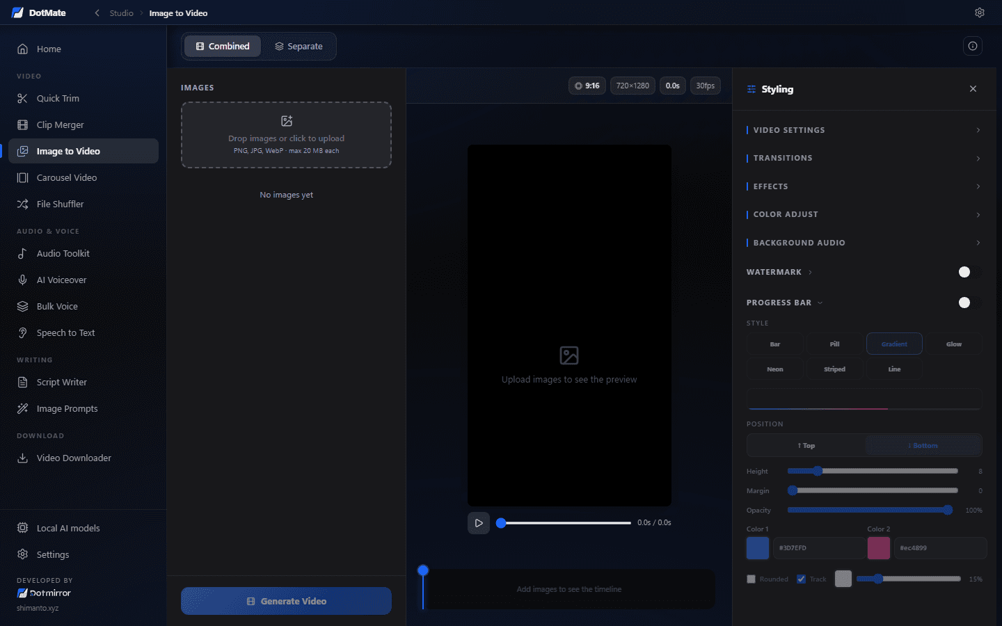 Image to Video: images, a live 9:16 preview and the styling panel