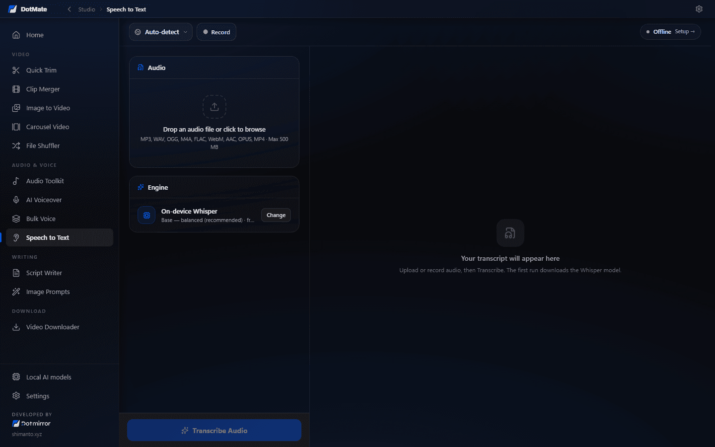 Speech to Text with the on-device Whisper engine and a record button