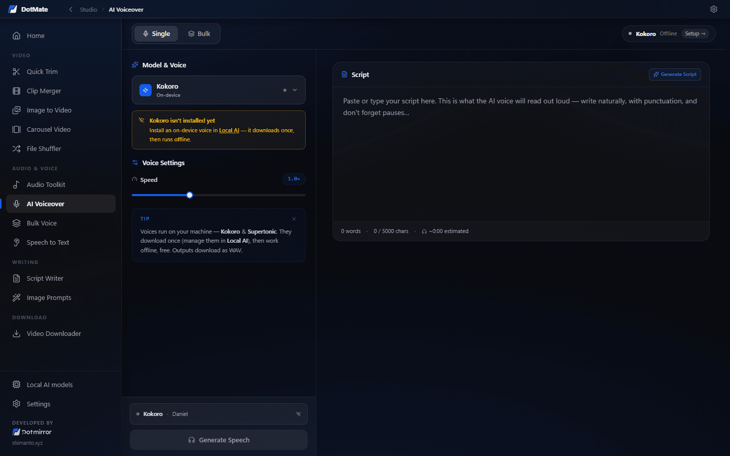 AI Voiceover turning a script into speech with offline Kokoro voices