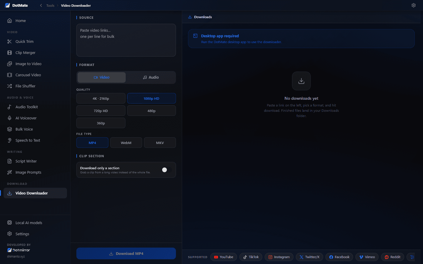 Video Downloader pulling videos from YouTube, TikTok and more with yt-dlp
