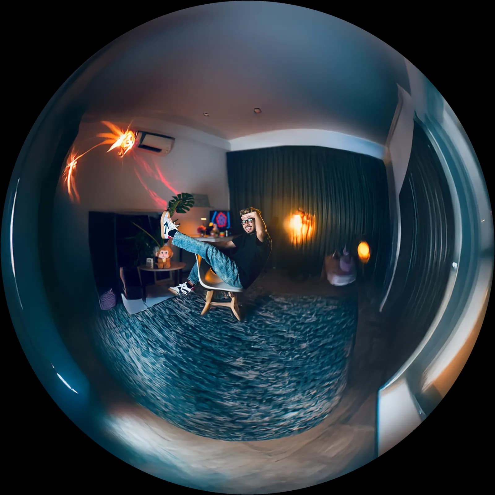 Shimanto kicking back in his room, shot through a fisheye lens