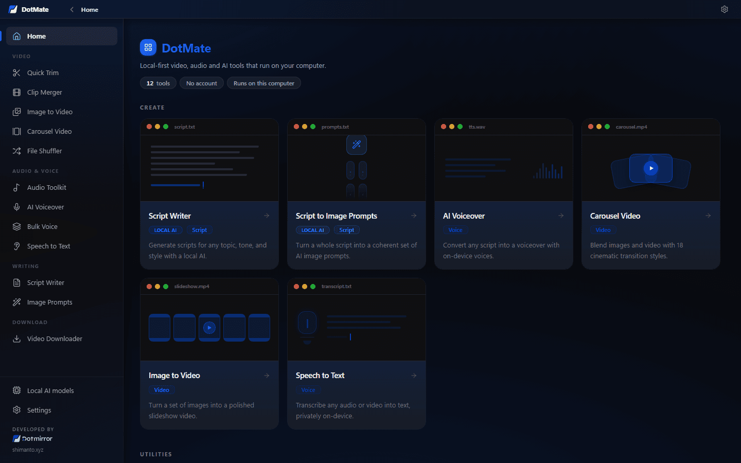 DotMate home screen with its video, voice, writing and download tools